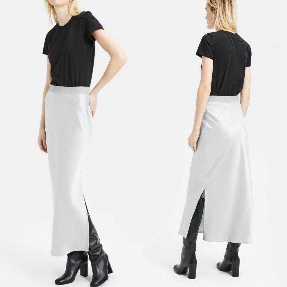 Theory Maxi Slip Skirt Satin Polyester Slinky Floaty Sexy Size Small Silver Mist